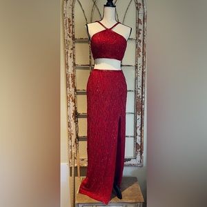 Precious Formals 2 piece silk  red beaded prom halter dress M